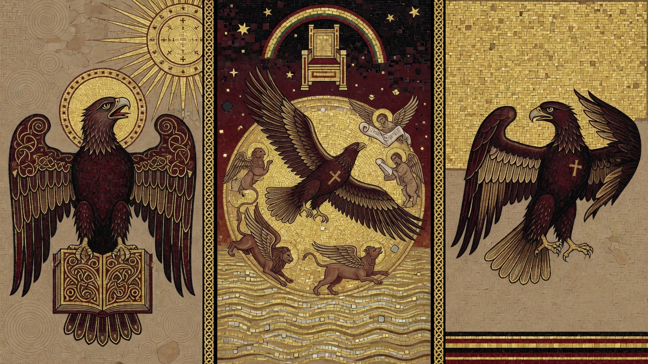 Triptychon: links Johannes-Adler blickt in die Sonne, Mitte Thron-Adler der Offenbarung, rechts einköpfiger heraldischer Adler auf Goldfeld mit schwarz-rot-goldenem Band.