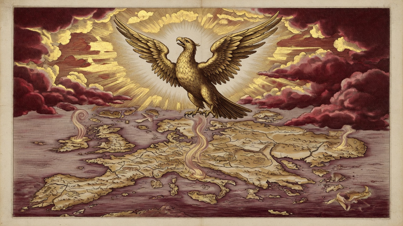 Goldener Adler hebt sich im Morgenlicht über eine sandbeige Inselküste, bordeauxroter Himmel bricht zu Gold.