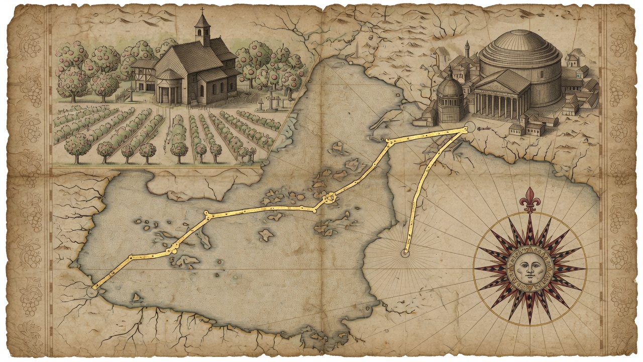 Pergament-Atlas: Jerusalem, Mittelmeerinseln, Rom, Dorfkirche, goldener Pfad.