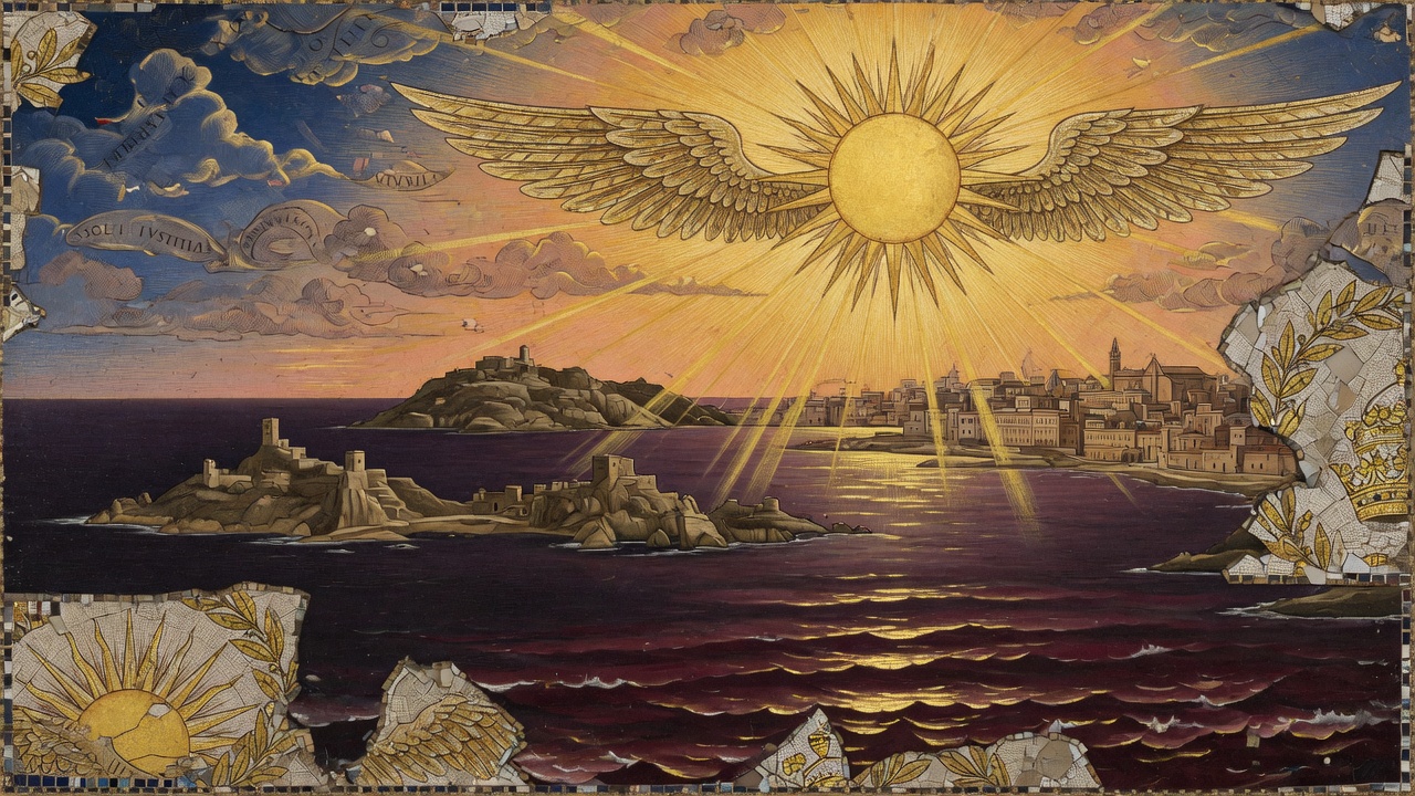 Geflügelte goldene Sonne geht über dunklen Mittelmeer-Inseln und einer europäischen Küste auf, bordeauxrotes Meer, Heilungsstrahlen.