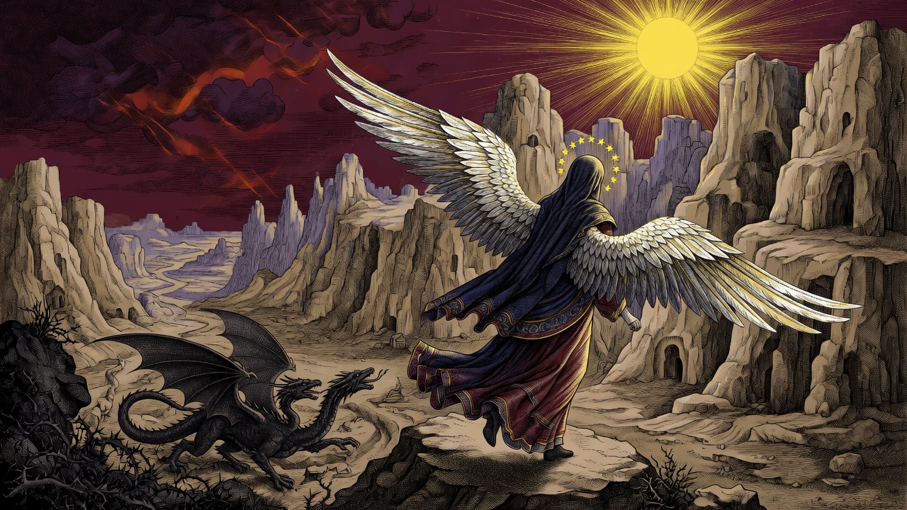 Frauengestalt der Gemeinde mit zwei großen Adlerflügeln flieht in sandbeige Wüste unter goldener Sonne, Drache fern unten.